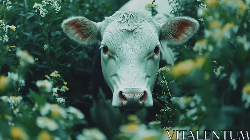 High-detail cow portrait framed by shallow-depth floral foreground