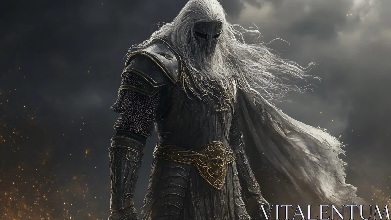 Storm-lashed death knight drifts through ember-choked dusk