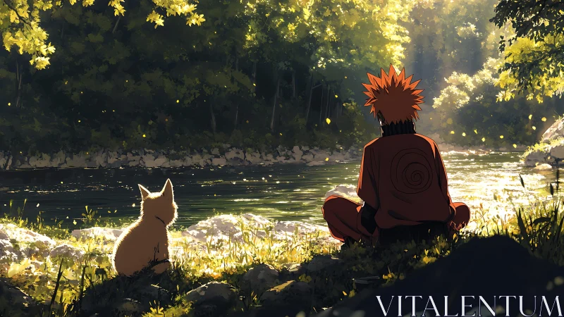 Sunlit riverside duo in contemplative anime landscape.