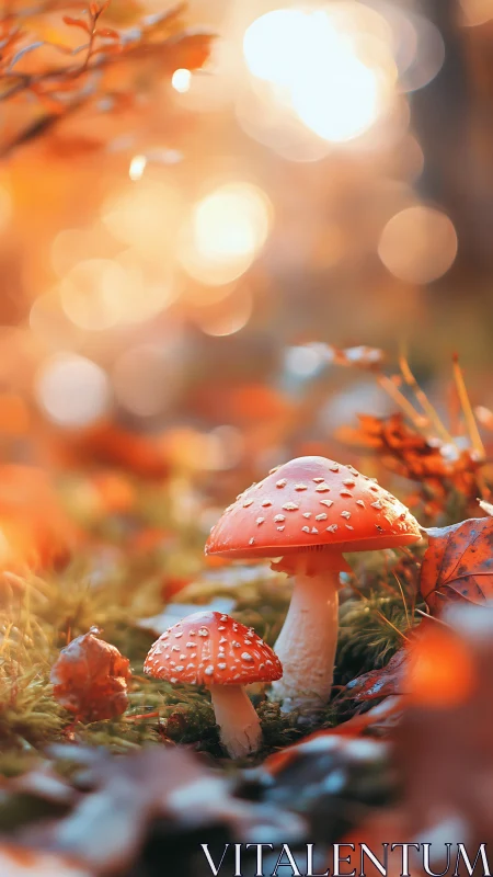 Autumn macro portrait of fly agaric mushrooms in soft bokeh field.