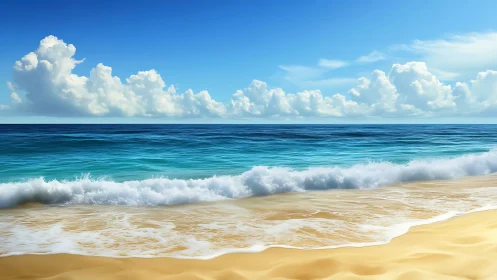 Digital seascape renders shoreline, mid-wave surf, and clouds