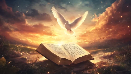Glowing open book under radiant sky with soaring white dove.