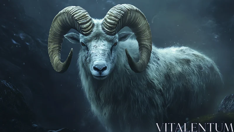 Curved horn mountain ram in cinematic low key misty lighting