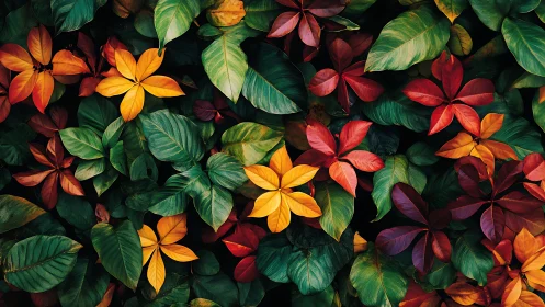 Multicolored tropical foliage pattern with vivid seasonal hues.