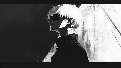 Stark monochrome anime figure stands in fractured light.