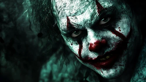 High contrast horror portrait shows close-up sinister clown face
