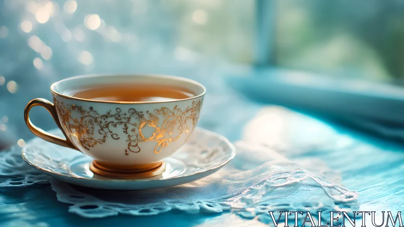Porcelain teacup with gold filigree in shallow depth-of-field light