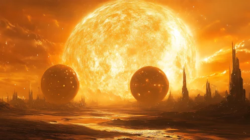 Binary plasma spheres before colossal star over alien city