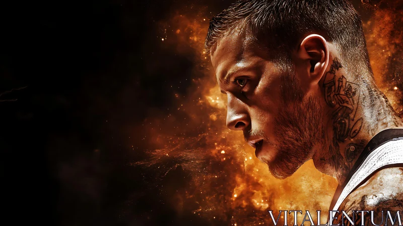 Tattooed athlete profile against fiery abstract backdrop.
