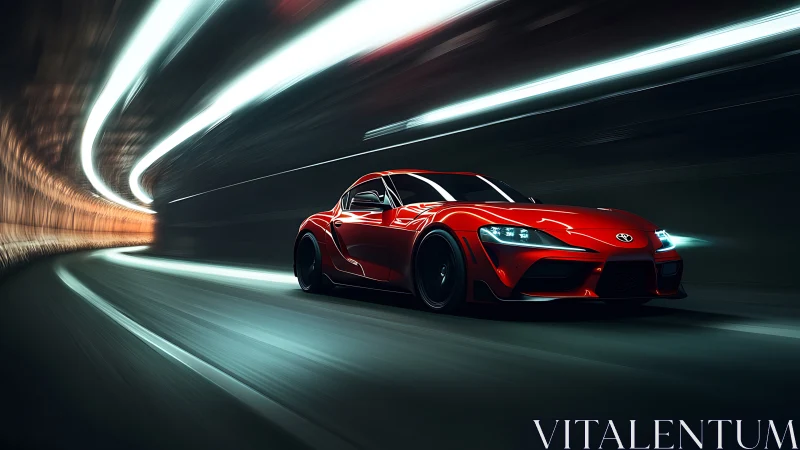 Red Toyota sports coupe in illuminated motion tunnel scene.