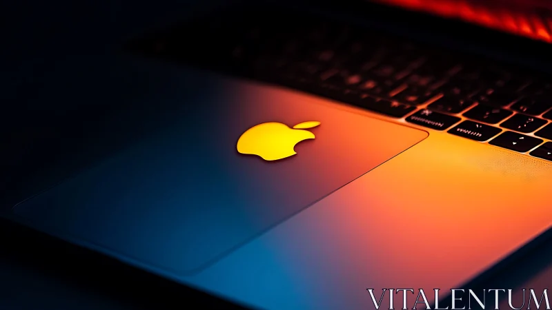 Neon-glow laptop lid bathing sleek metal in digital dusk.