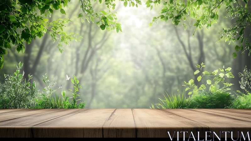 Sunlit wooden table with lush green forest background in spring.