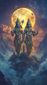 Twin celestial deities above moonlit Himalayan citadel.
