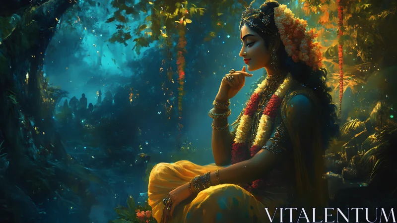 Divine lady in jeweled garland seated in moonlit forest.