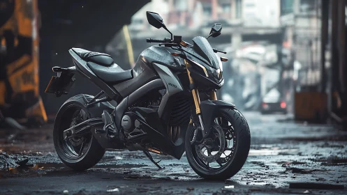 Modern sport motorcycle parked on wet urban street at dusk.
