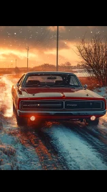 Low-angle Dodge Charger on icy rural road under warm sunset snowfall