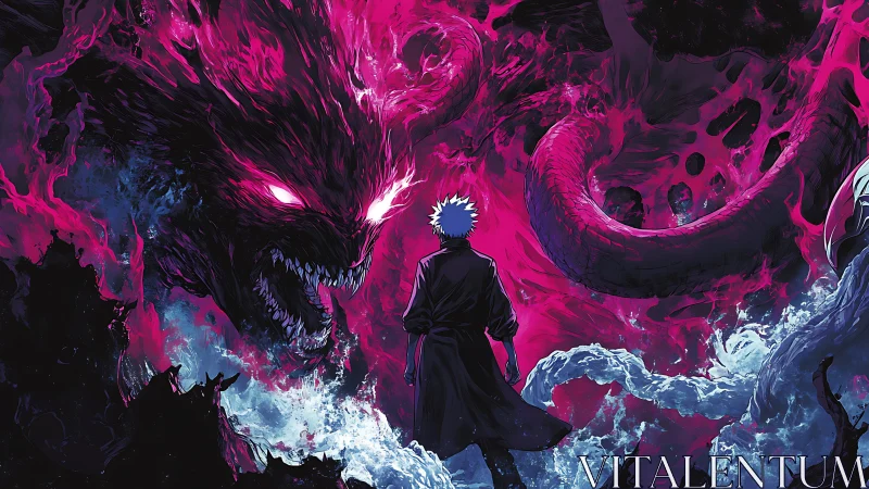 Sorcerer confronting neon void-beast in chaotic spectral surge.