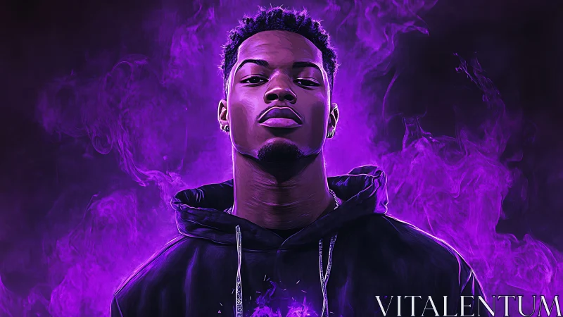Chromatic vapor portrait of hooded subject in violet haze.