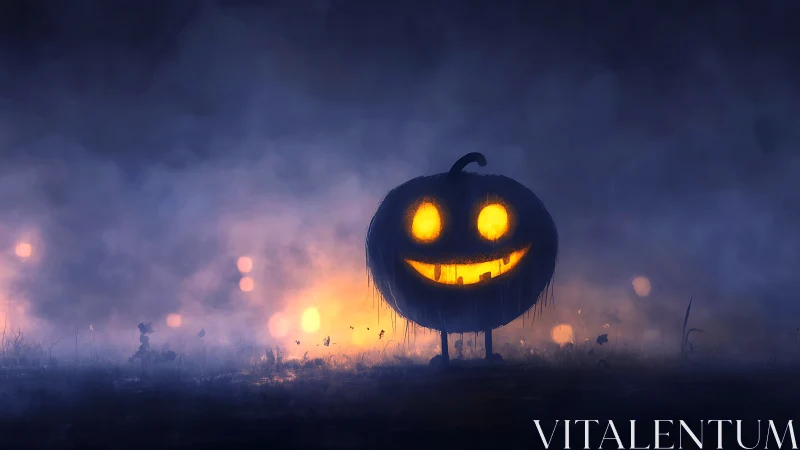 Glowing jack o lantern grinning warmly in misty moonlight.