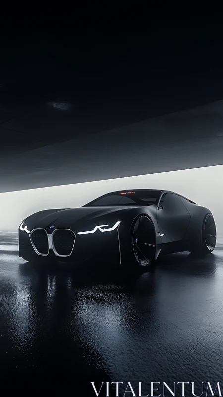 Low-slung matte black BMW concept coupe in moody wet hangar