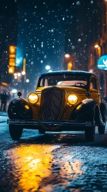 Vintage yellow car under snow on neon city street.