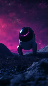 Egg shaped robot explores rocky alien terrain at night.