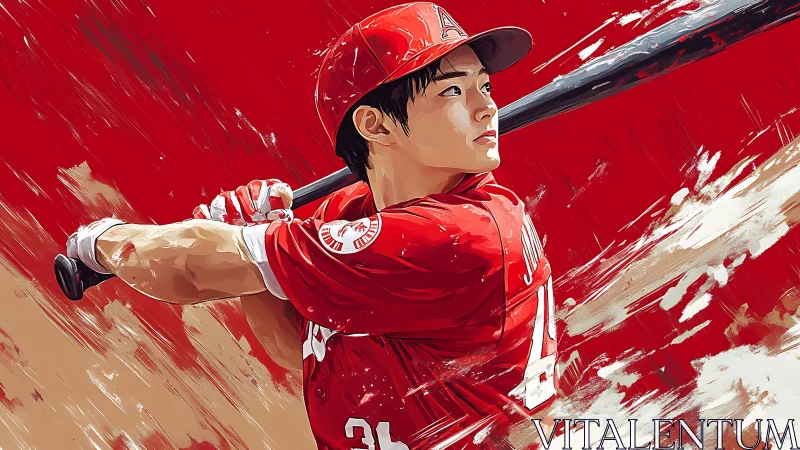 Bold red baseball swing frozen in electric motion painting.