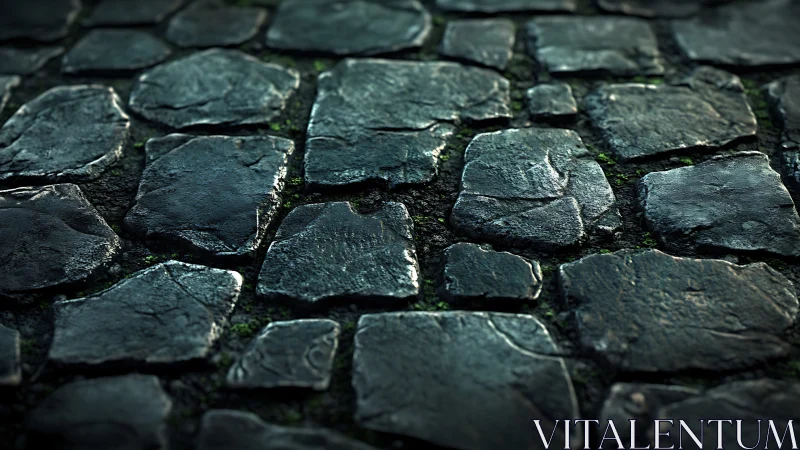 Wet cobblestone pavement rendered with shallow depth-of-field