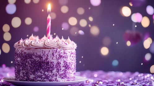 Purple Glitter Birthday Cake with Lit Candle.