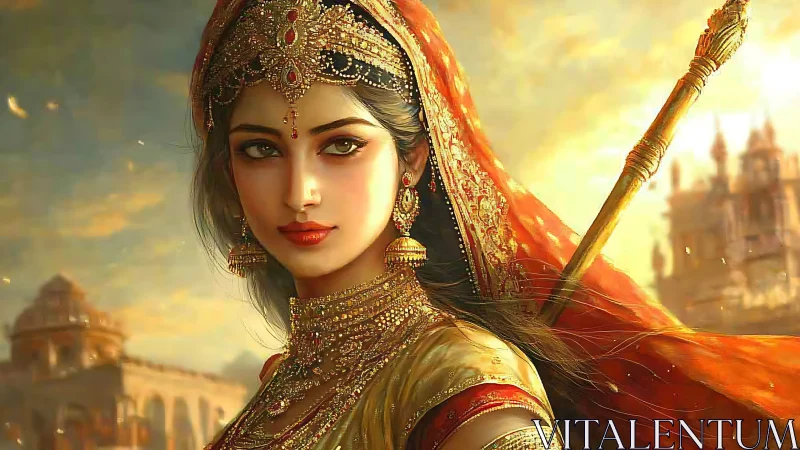 Woman in ornate attire stands before palace architecture