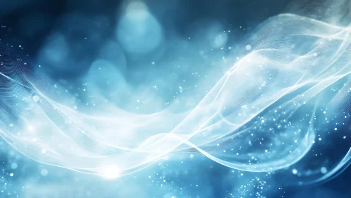 Abstract blue light waves and sparkles digital art background.