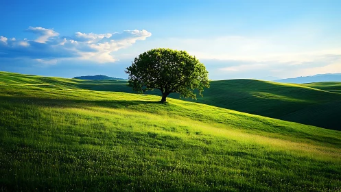 Solitary deciduous tree on sunlit rolling green hillside.