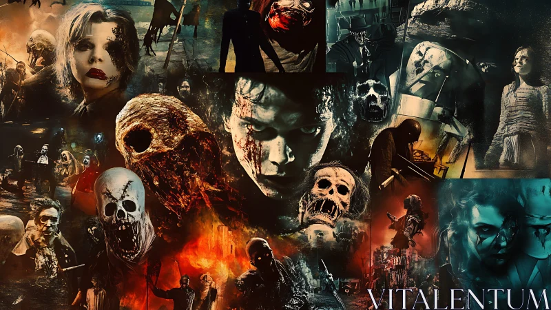 Collage of haunting horror figures emerges from blazing shadows