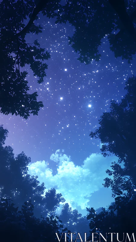 Starry night sky framed by dense silhouetted forest canopy