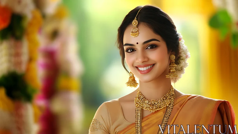 Portrait shows woman in traditional attire and jewelry