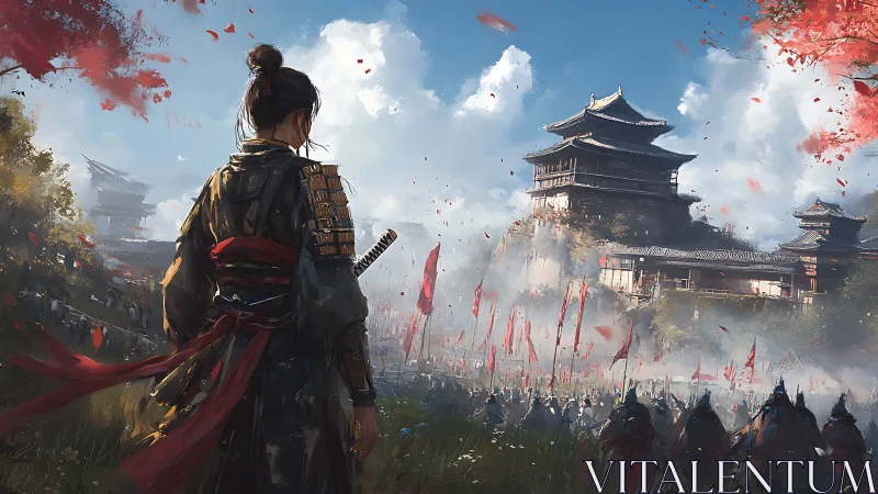 Samurai commander overlooking castle battlefield scene.