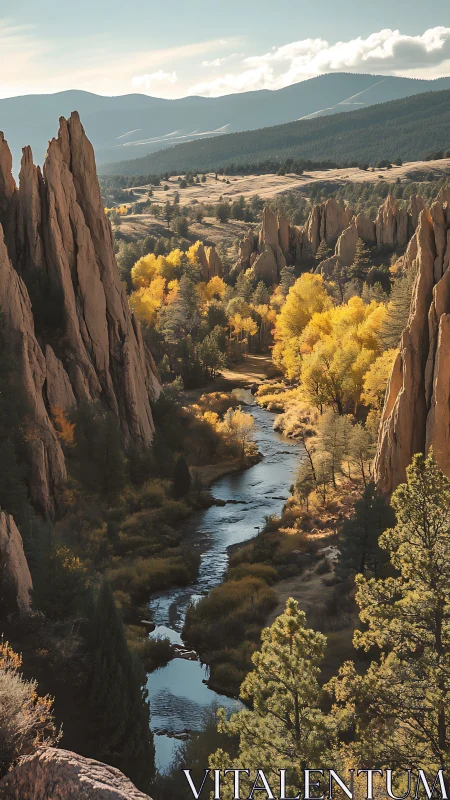 River flows between tall rock spires in autumn landscape
