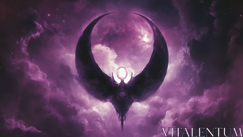 Celestial winged guardian rises in radiant violet moonlight