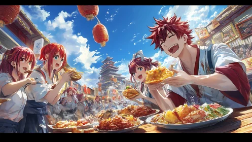 Festive anime street feast under bright summer sky.