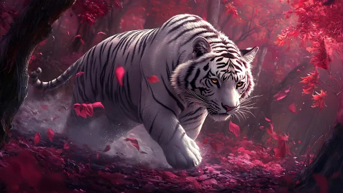 White tiger moves through red forest with suspended foliage
