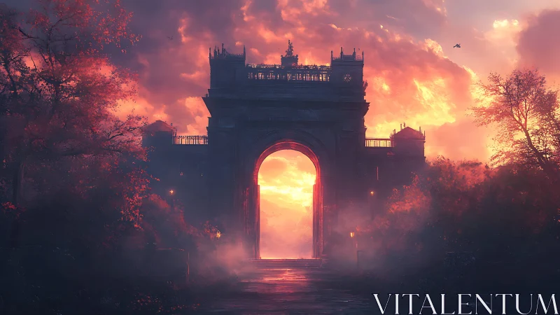 Sunset gateway arches over a misty enchanted forest path