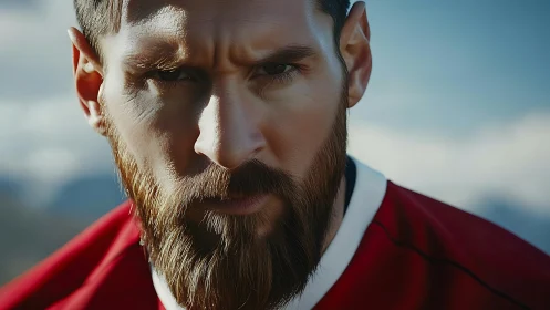 Steely gaze of a focused athlete under open sky.