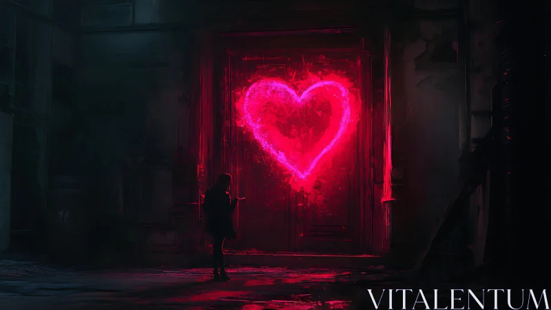 Neon heart doorway in shadowy urban alley at nightfall.