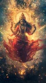 Radiant goddess ascends through swirling celestial fire.