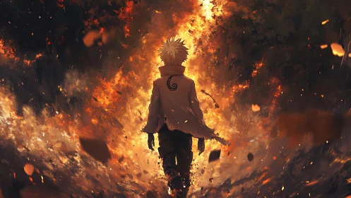 Lone anime hero strides through a blazing inferno of fire.