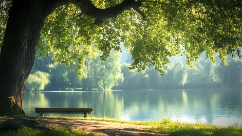 Sunlit lakeside bench framed by dense overhanging foliage at dawn