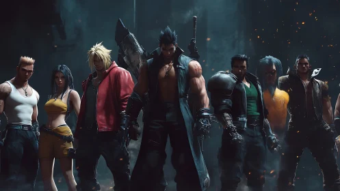 Heroic cyber-noir squad stands amid embers in dramatic backlight