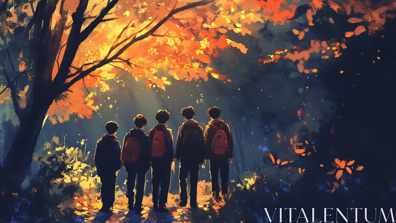 Golden forest path with friends wandering toward the light.