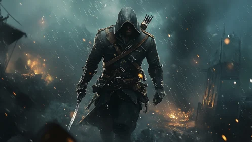 Hooded rogue strides through stormlit battlefield firelight.