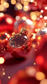 Red reflective Christmas ornament with festive bokeh lights.